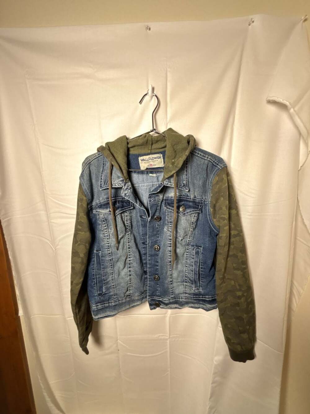 Wallflower Hooded Denim Jacket with Camo Sleeves